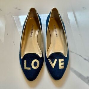 Navy Suede and Gold Leather “Love” Ballet Flats